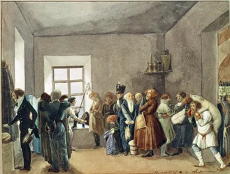 Receptionslokale for en politikommissær aftenen før en ferie. Værk af Pavel Andreyevich Fedotov (1815-1852), akvarel, blæk og blyant på papir