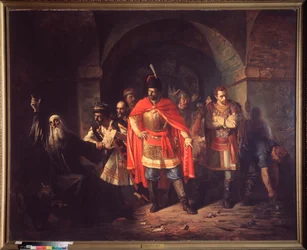 Patriarken af ​​Moskva Hermogene (før 1530-1612) nægter at velsigne polakkerne (patriark Hermogenes (Germogen) nægter at velsigne polakkerne) - Maleri af Pavel Petrovich Chistyakov (Tchistiakov) (1832-1919), olie på lærred