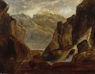 Fjordlandskab med vandfald (olie på lærred)