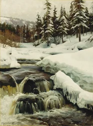Et vinterlandskab med en bjergtorrent