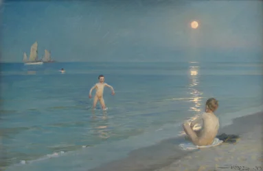 Drenge bader ved Skagen. Sommeraften