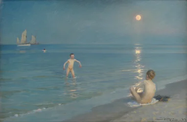 Drenge bader ved Skagen. Sommeraften