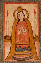 Madonna iført en rød kjole, ca. 1820 (vandbaseret maling på træpanel)