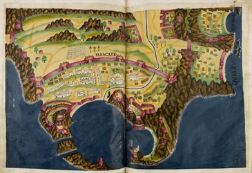 Nedenfor portugisisk illustration af Muscat, fra manuskriptet Livro do Estado da India Oriental af Pedro Barreto de Resende, Sloane MS 197