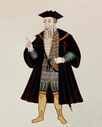 Portræt i fødder af Alphonse (Alfonso eller Afonso) fra Albuquerque (1453-1515), engelsk navigatør og erobrer, nogle gange med tilnavnet "den portugisiske Mars". I "" State Book of Eastern India"", af Pedro Barretto de Resende, Portugal