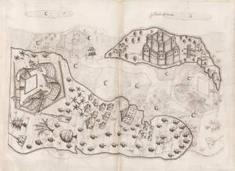 Portugisisk plan over Bahrain-øerne, Livro do Estado da India Oriental af Pedro Barreto de Resende, Sloane MS 197, f.165v-166r (pen og blæk på papir)
