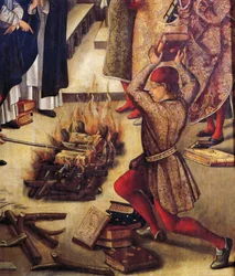 Afbrænding af kætterbøger, detaljer fra af San Domenico og Albigenses, af Pedro Berruguete (ca. 1450 - ca. 1504)