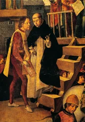 Dømt mand går til inkvisitionsretten, detaljer fra Autodafe ledet af San Domenico Guzman af Pedro Berruguete (cirka 1450-cirka 1504)