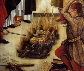 Detalje af "" Saint Dominique et les Albigeois"" (Le Miracle des Fanjeaux): helgenen giver albigeoiserne bogen, der modbeviser deres kætteri, og albigeoiserne forsøger at brænde den, uden held. Maleri af Pedro Berruguete (1450-1504). 16. århundrede søn. 1,
