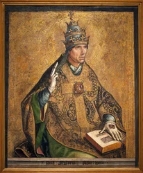 Portræt af Pave Saint Gregoire (kendt som den Store, Pontificate 540-604). Maleri af Pedro Berruguete (ca. 1450), olie og bladguld på træ, ca. 1495. Cataloniens nationale kunstmuseum, Barcelona (Spanien).