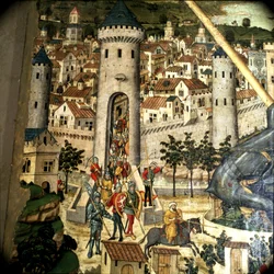Altertavle af St. George: Palma de Mallorcas erobring i 1229 af tropper fra Jacques I, konge af Aragon, detaljer