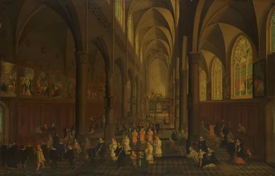 Det indre af den dominikanske kirke, Antwerpen, ser mod øst, med processionen af det hellige sakrament