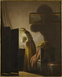 Une femme attrapant des puces a la lumiere de la bougie - A Woman Catching Fleas by Candlelight, af Hillestrom, Pehr (1732-1816). Olie på lærred. Mål: 51,5x42,5 cm. Nationalmuseum Stockholm