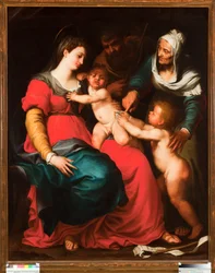 Den hellige familie med sommerfuglen og med den hellige Elisabeth og Johannes Døberen Maleri af Pellegro Piola (1617-1640)