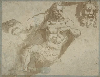 Siddende satyr, med forstørret hoved af samme recto, hoved af en kvinde verso, 1527-96.