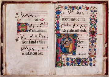 Piccolomini Bibliotek: korbog, torsk. 102,8, ff. 47v-48r med "Nativity", af Pellegrino di Mariano.