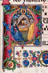 Piccolomini Bibliotek: korbog, torsk. 102,8, ff. 48r med "Nativity", af Pellegrino di Mariano. Detalje.