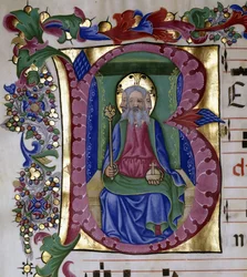 Den Hellige Treenighed: Gud Faderen i Hans Majestæt på tronen, holder kugle og scepter, repræsenteret med tre ansigter, inden for et initialt "B", ca. 1480