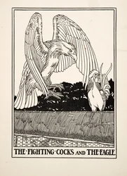 De kæmpende haner og ørnen, fra Hundrede fabler af Æsop, udgivet 1903