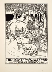 Løven, æslet og ræven går på jagt, fra A Hundred Fables of Aesop, pub.1903 (gravering)