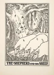 Hyrden og hans får, fra A Hundred Fables of Aesop, pub.1903 (gravering)