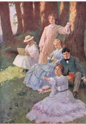 Jo pegede, og Laurie satte sig for at undersøge, fra Little Women udgivet af Associated Newspapers Limited, ca. 1940 (farve litho)