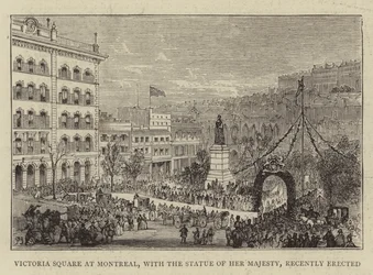 Victoria Square i Montreal, med statuen af Hendes Majestæt, der for nylig er rejst