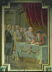Charles III (1716-88) underskriver dekretet, der tillader handel med Asien og Filippinerne