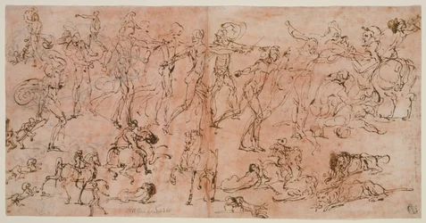 Studier af krigere, ryttere og løver (recto); Studier af hoveder og nøgne figurer, loftsplan og inskriptioner (verso)
