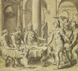 The Banket of Dido and Aeneas, model til et gobelin i Story of Aeneas-serien, ca. 1532 (pen og blæk og vask på papir)