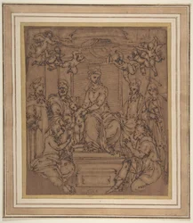 Jomfru og barn på tronen med Saint Anthony Abbed, Saint Peter, Saint Paul..., 1522-23.