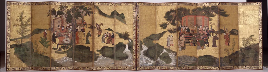 The Eight Immortals of the Wine Cup, ca. 1600 (blæk, pigment på guld, et par seksfoldede skærme)