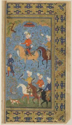 A Royal Hunt from a Shahnama (Kongernes Bog) af Firdawsi, ca. 1590-1600 (blæk, uigennemsigtig akvarel og guld på papir)