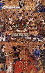 Tilføj 27696 f.13 Lineal på tronen med ledsagere og musikmagere, skrevet i Genova, slutningen af det 14. århundrede