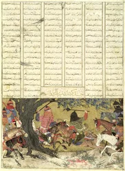 Ardashir Battling Bahman, Ardavans søn, illustration fra Shahnama (Kongenes Bog), af Abul-Qasim Manur Firdawsi (ca.934-c.1020) 1325-50 (wc, blæk og guld på papir)