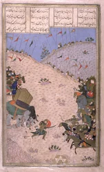 Bahram Chubina, hans elefant dræbt, kæmper til fods, illustration fra Shahnama (Kongernes Bog), af Abul-Qasim Manur Firdawsi (ca.934-c.1020) ca.1440-45 (pen, blæk & wc på vellum)