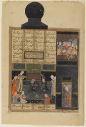 Bahram Gur og prinsessen i den sorte pavillon fra en Khamsa (Kvintet) af Nizami, ca. 1550