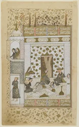 Bahram Gur og prinsessen i den hvide pavillon, fra en Khamsa, ca. 1600-10