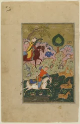 Bahram Gur jager med Azada, fra en Khamsa, ca. 1580