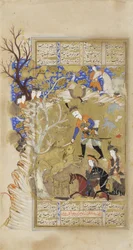 Bahram Gur griber kongekrone mellem to løver, ca. 1630 (uigennemsigtig akvarel og blæk på papir)
