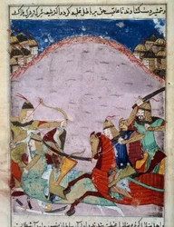 Kamp mellem mongolere og georgiere. Georgierne løber væk. Persisk miniature omkring 1430. Paris, B.N.
