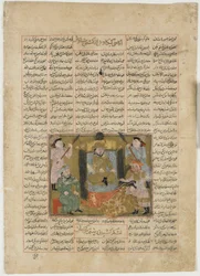 Sudabas død ved Rustams hånd, fra en Shahnama (Kongernes Bog) af Firdawsi (d.1020) (ugennemsigtig akvarel, blæk, guld og sølv på papir)