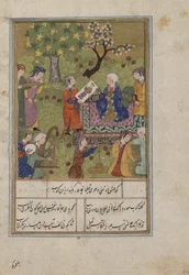 Folio fra en Khamsa (kvintet) af Nizami; Shirin undersøger Khusraws-portræt, Iran, ca. 1500 (ugennemsigtig akvarel, blæk, farveglimmer og guld på papir)