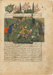 Folio fra en Shahnama (Kongernes Bog) af Firdawsi (d.1020); bagside: Suhrab in Combat with Rustam, Iran, ca. 1440 (ugennemsigtig akvarel, blæk og guld på papir)
