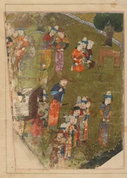 Folio fra en Zafarnama; recto: Timur giver et publikum i anledning af sin overtagelse af tronen i Balkh; verso: tekst, Shiraz, Iran, Timurid-perioden, 1436 (ugennemsigtig akvarel, blæk og guld på pa.