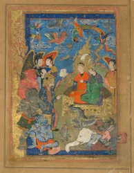 Folio fra en uidentificeret tekst; Sulayman og Bilqis Enthroned, Isfahan, Iran, Safavid-periode, ca. 1590-1600 (ugennemsigtig akvarel, blæk og guld på papir)
