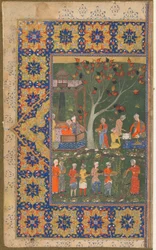 Folio fra en uidentificeret tekst; recto:A Party in a Garden, Shiraz, Iran, ca. 1570 (ugennemsigtig akvarel, blæk og guld på papir)
