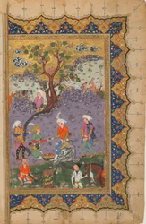 Folio fra en uidentificeret tekst; verso: En prins, der sidder på en klippe omgivet af tjenere, Isfahan, Iran, ca. 1600 (ugennemsigtig akvarel, blæk og guld på papir)