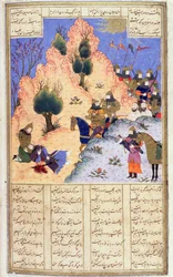 Iskandar Comforting the Dying Dara, fra Firdawsis Shanaman, ca. 1440-45 (pen, blæk og wc på vellum)