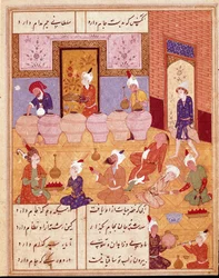Islamisk kunst: "" banket med musikere""" Miniature, der illustrerer digte af den persiske digter Hafez (Hafiz Shirazi), persisk manuskript. 1554 San Lorenzo de El Escorial, Royal Library of the Monastery of El Escorial, Madrid